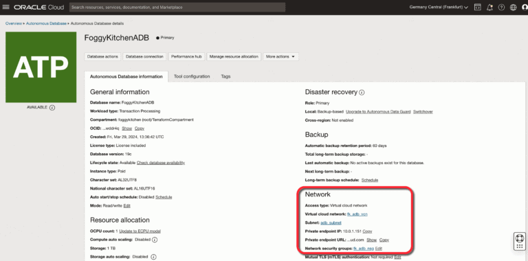 OCI Autonomous Database Private Endpoint Terraform console screenshot