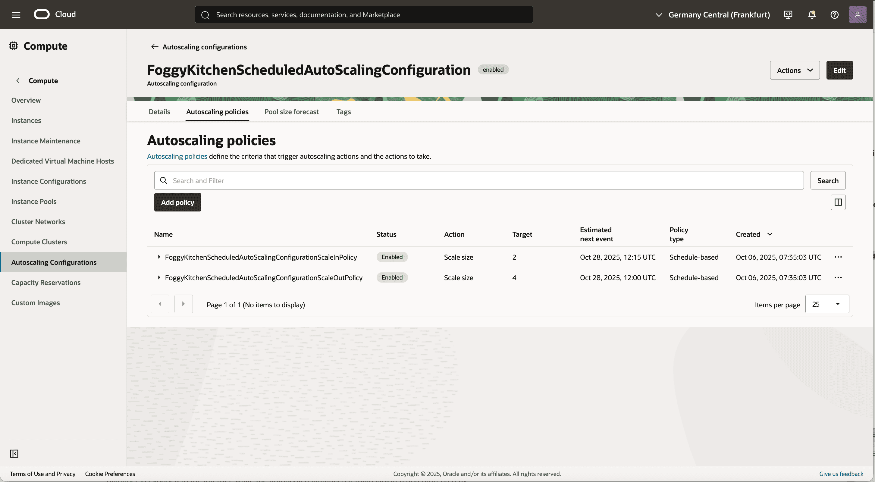 oci scheduled autoscaling terraform policies in oci console