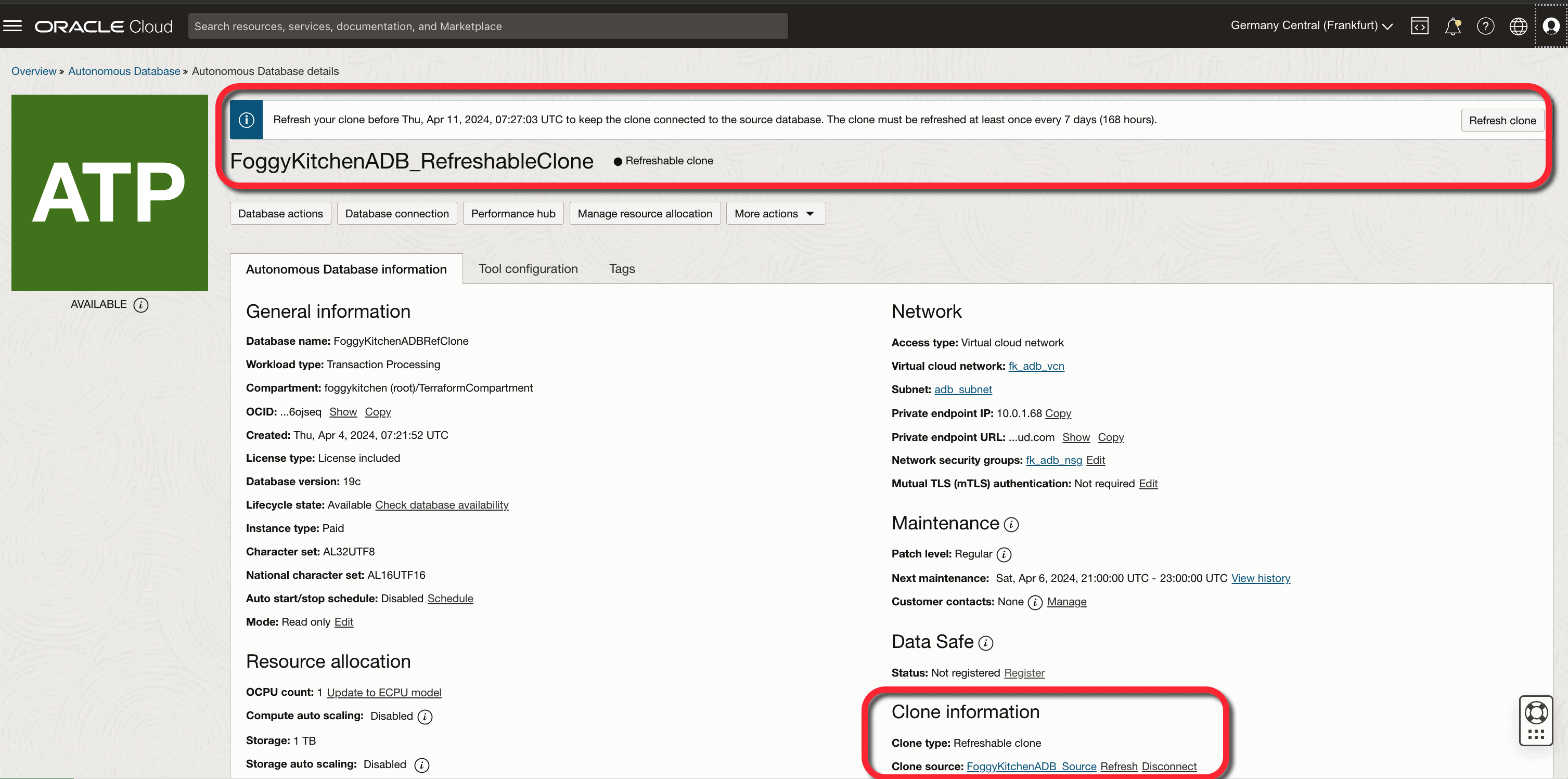 oci autonomous database refreshable clone terraform
