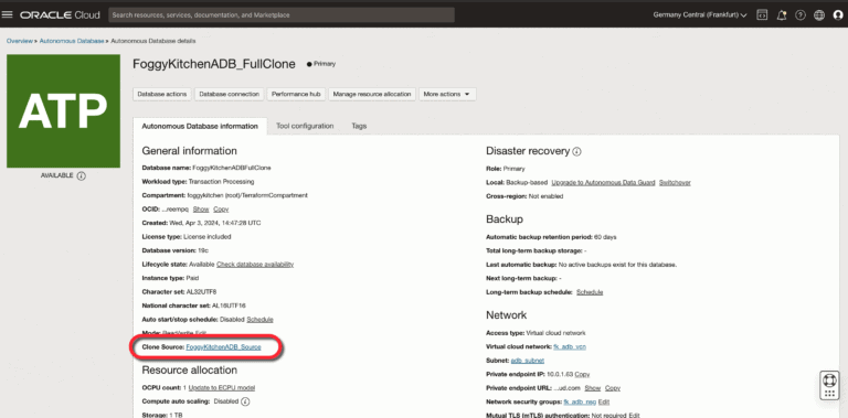 OCI Autonomous Database Full Clone Terraform screenshot