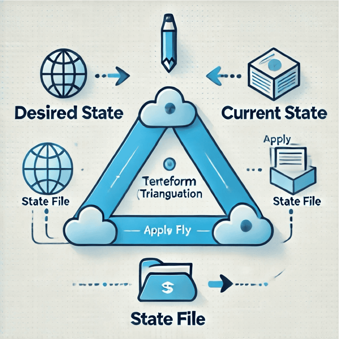 infrastructure as code terraform triangulation diagram showing desired state, current state, and state file relationships