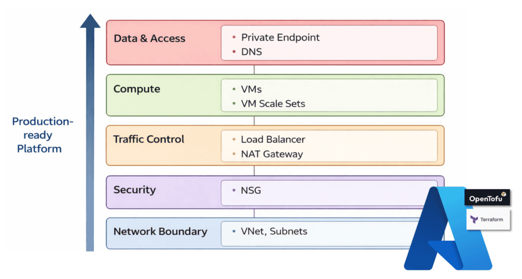 Azure infrastructure Terraform layered architecture model showing network, security, traffic, compute and data access